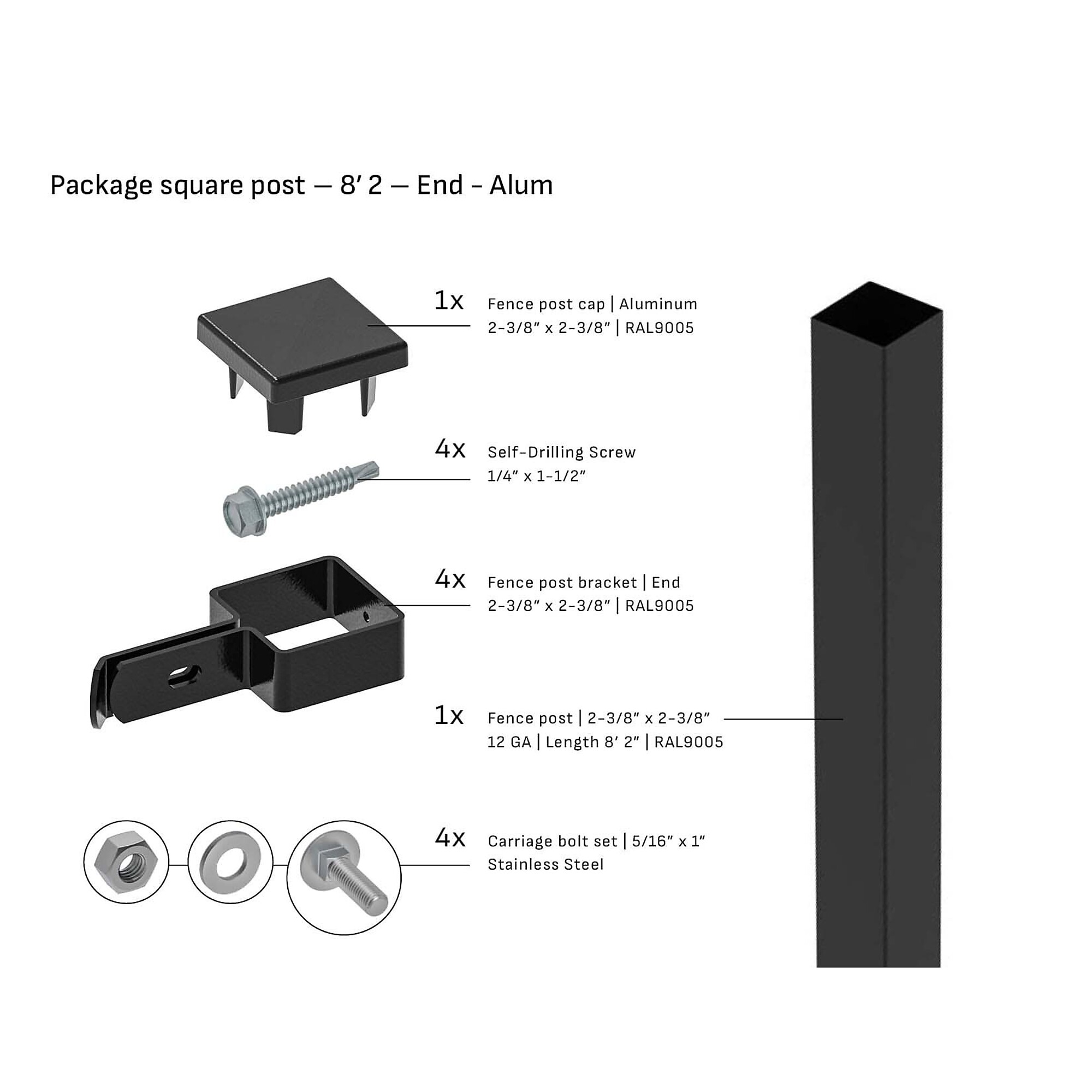 Tarter Square Steel End Fence Post — 2 3/8in. x 8ft., Black, Aluminum Cap, 12-Ga. Steel, Model# 2000999